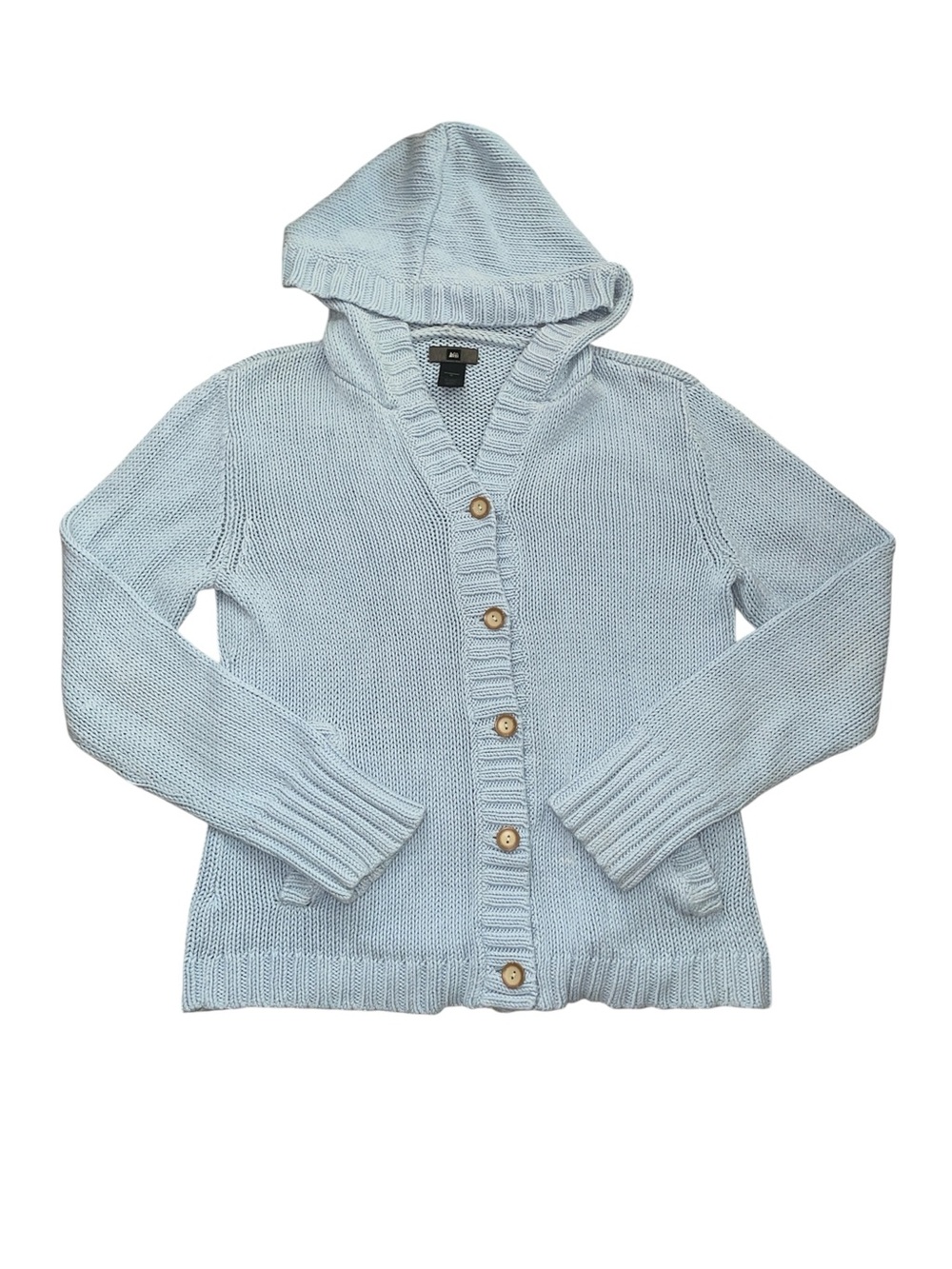 REI blue knit hooded cardigan